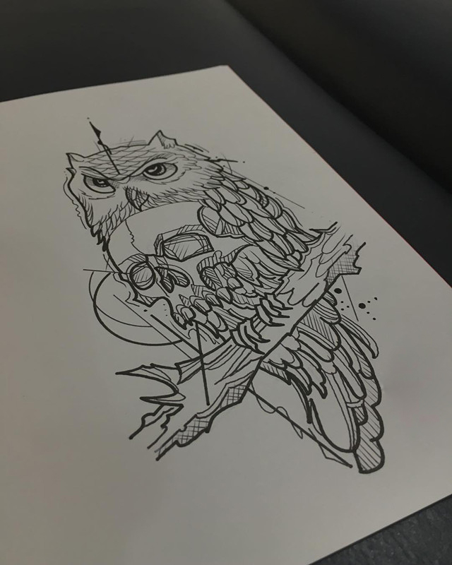 邹先生猫头鹰骷髅纹身手稿